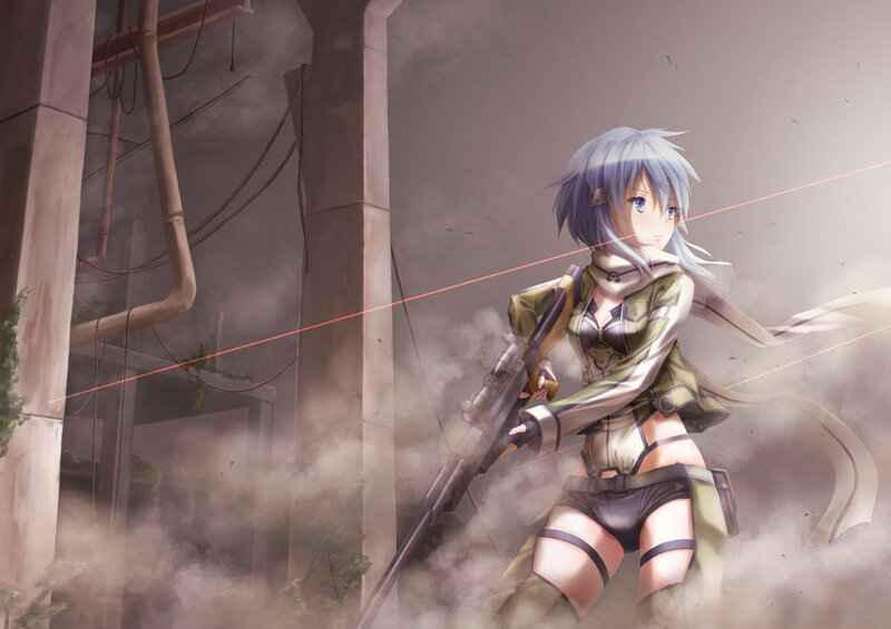 Anime Girl with Rifle — Gray, Dramatic, Digital Art, Smoke, Ruins