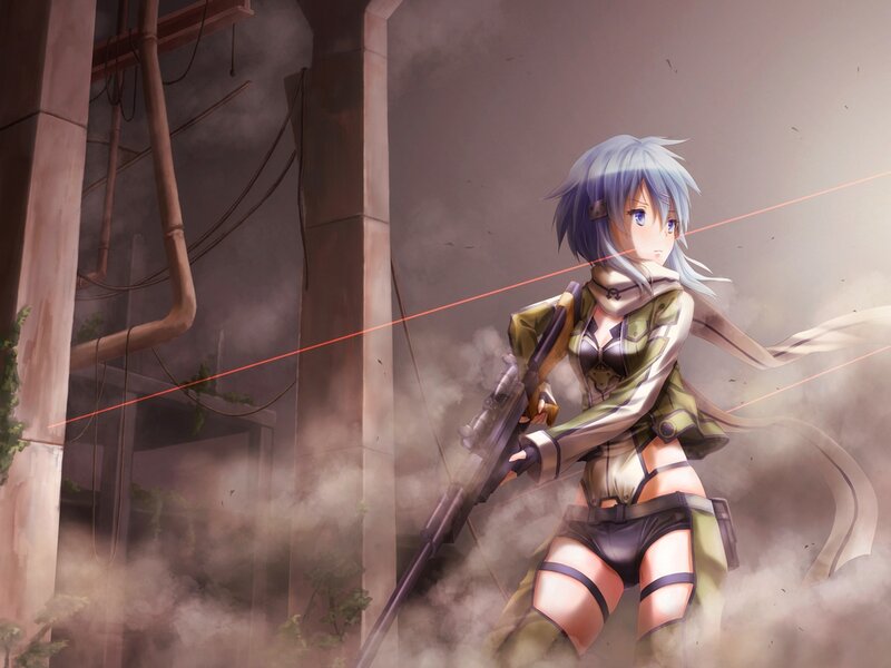 Anime Girl with Rifle — Gray, Dramatic, Digital Art, Smoke