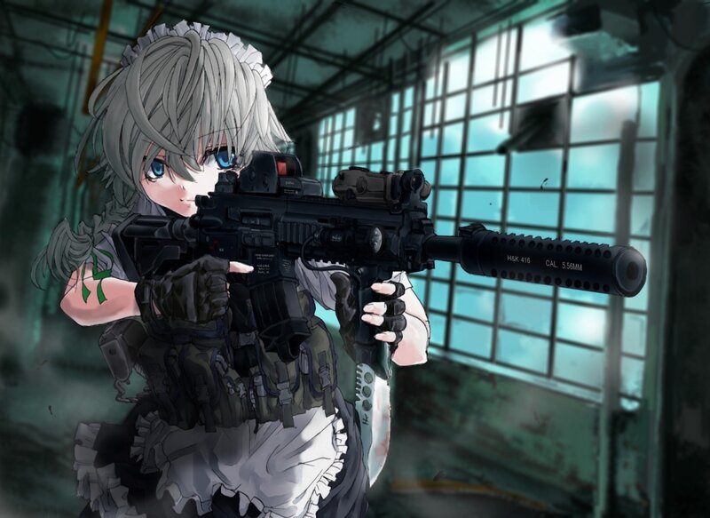 Anime Girl with Rifle — Gray, Dramatic, Digital Art