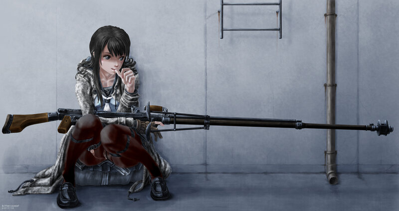 Anime Girl with Rifle — Gray, Dramatic, Digital Art, Wall