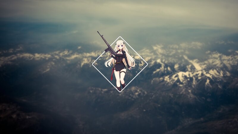 Anime Girl with Rifle — Gray, Dramatic, Mountains