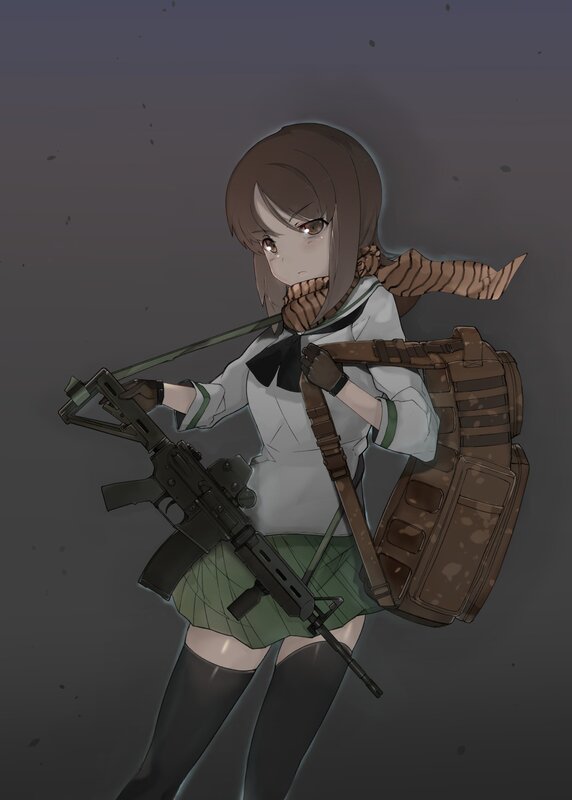 Anime Girl with Rifle — Gray, Dramatic, Night, Digital Art, Backpack