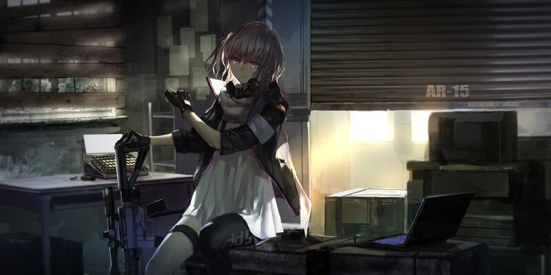 Anime Girl with Rifle — Gray, Dramatic, Night, Digital Art, Laptop