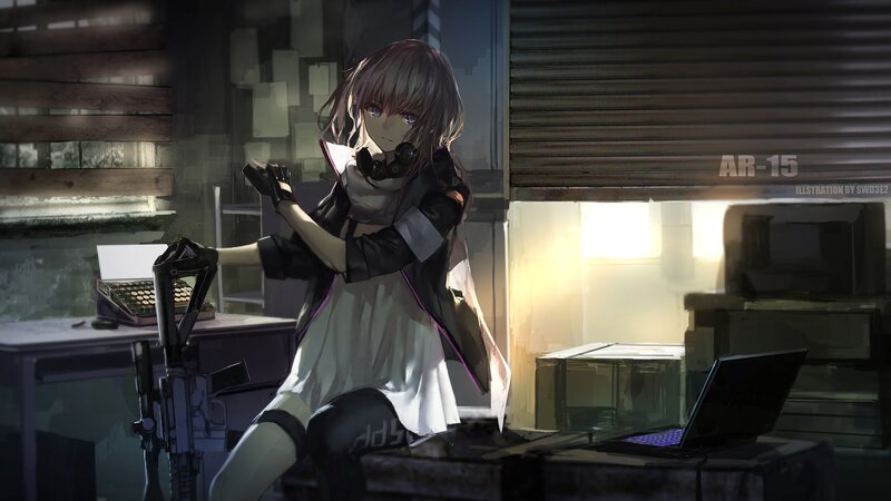 Anime Girl with Rifle — Gray, Dramatic, Night, Digital Art, Laptop, Typewriter