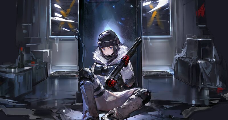 Anime Girl with Rifle — Gray, Dramatic, Night, Digital Art, Snow Gear