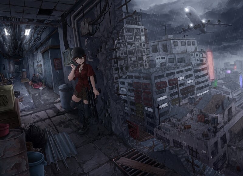 Anime Girl with Rifle — Gray, Dramatic, Night, Digital Art