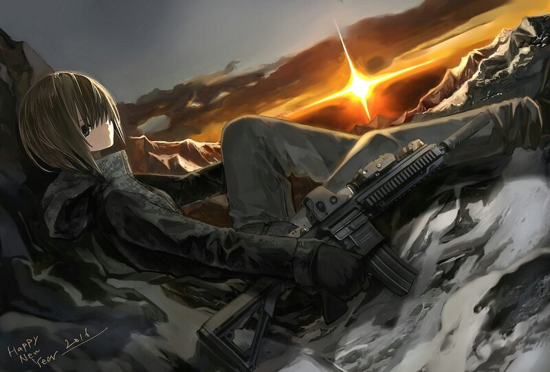 Anime Girl with Rifle — Gray, Dramatic, Sunrise
