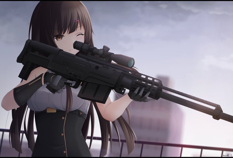 Anime Girl with Rifle — Gray, Dramatic, Sunset