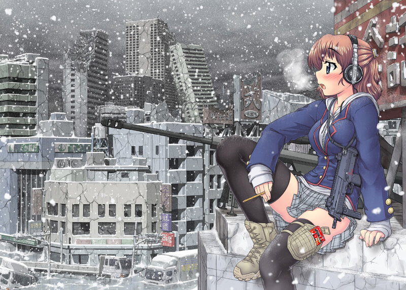 Anime Girl with Rifle — Gray, Dramatic