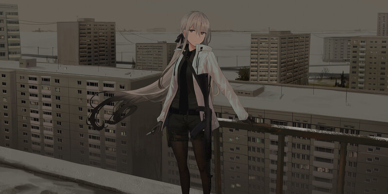 Anime Girl with Rifle — Gray, Dramatic, Winter