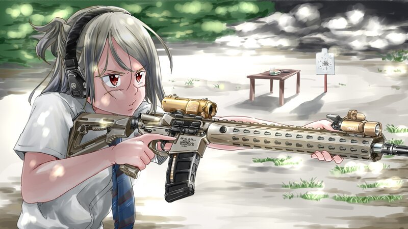 Anime Girl with Rifle — Gray, Focused