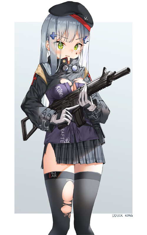 Anime Girl with Rifle — Gray, Neutral, Digital Art, Beret