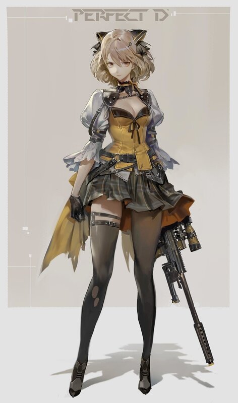 Anime Girl with Rifle — Gray, Neutral, Digital Art, Cat Ears