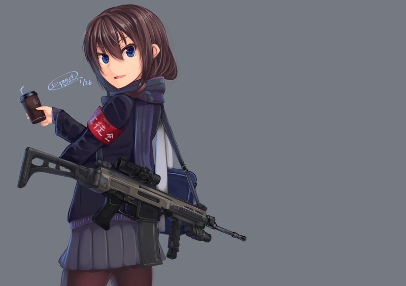 Anime Girl with Rifle — Gray, Neutral, Digital Art, Coffee Cup