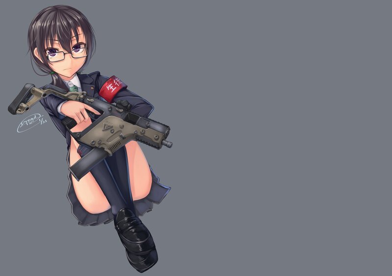 Anime Girl with Rifle — Gray, Neutral, Digital Art, Glasses