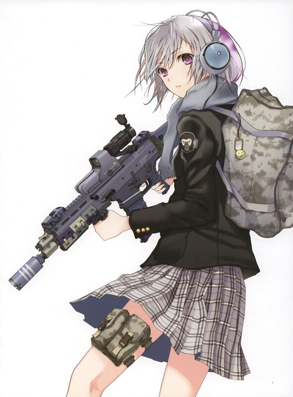 Anime Girl with Rifle — Gray, Serious, Backpack