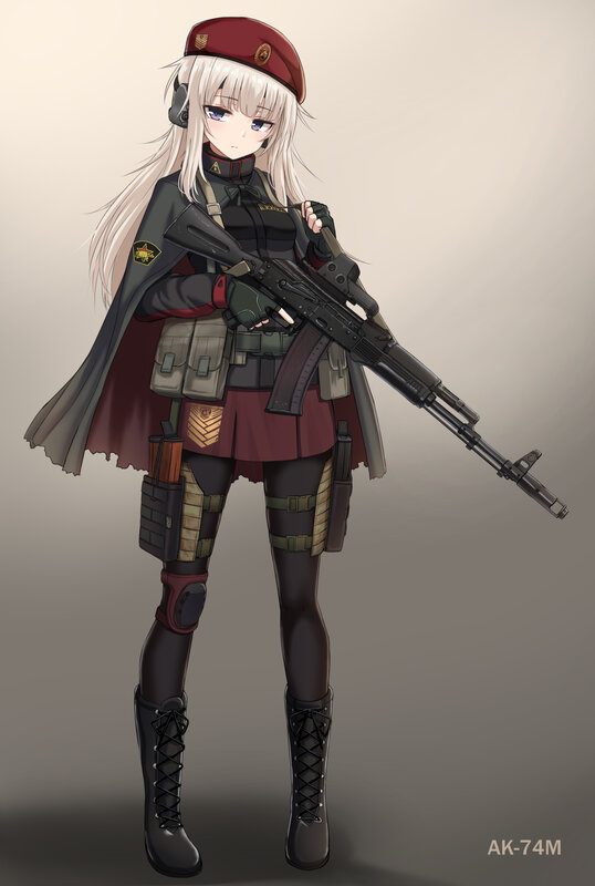 Anime Girl with Rifle — Gray, Serious, Digital Art, Beret