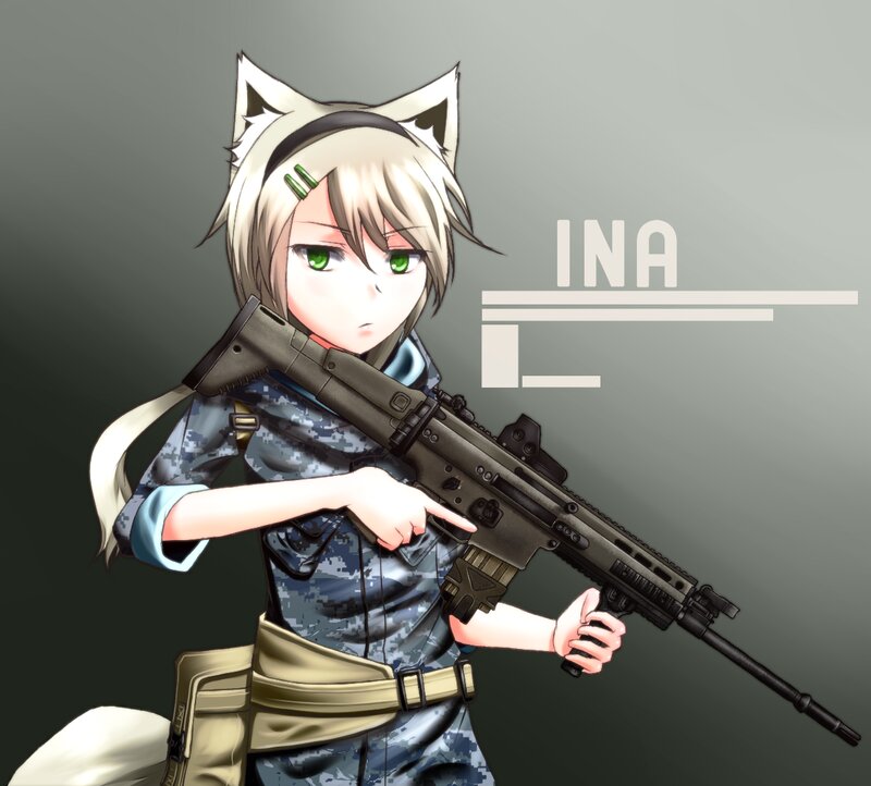 Anime Girl with Rifle — Gray, Serious, Digital Art, Cat Ears