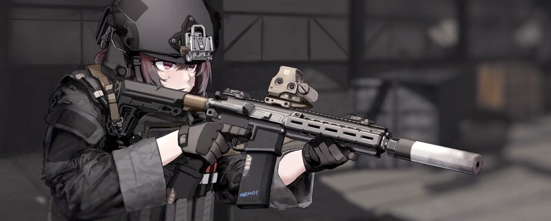Anime Girl with Rifle — Gray, Serious, Digital Art, Helmet