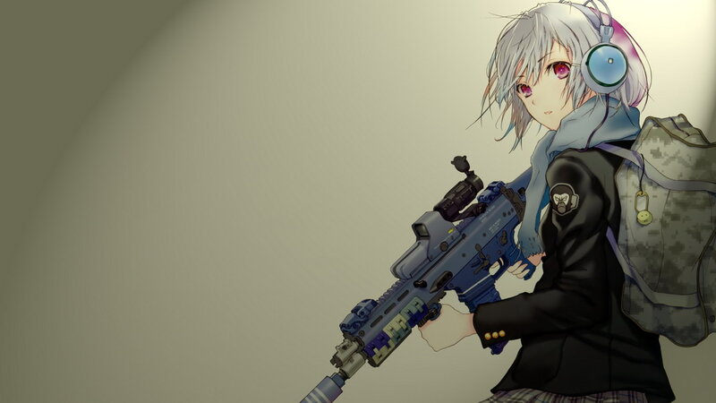 Anime Girl with Rifle — Gray, Serious