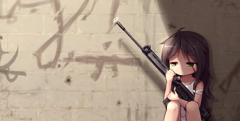 Anime Girl with Rifle — Gray, Somber