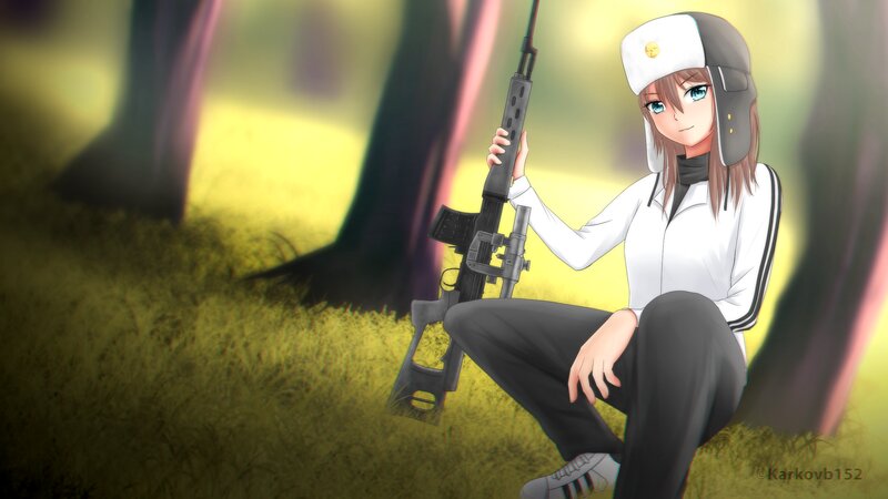 Anime Girl with Rifle — Green, Calm, Afternoon, Digital Art