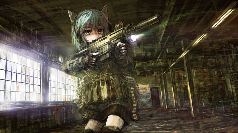 Anime Girl with Rifle — Green, Dramatic, Digital Art, Cat Ears