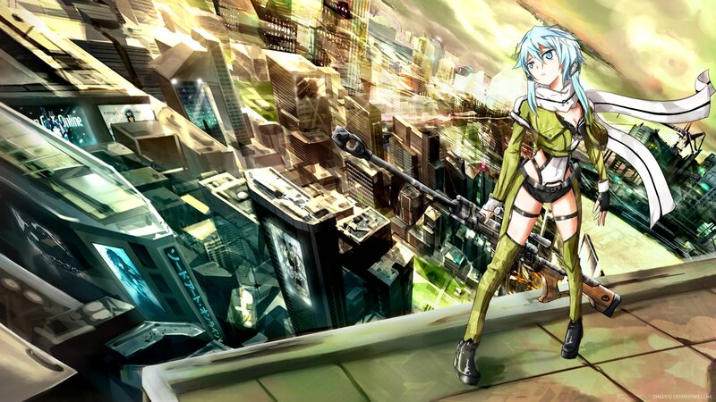Anime Girl with Rifle — Green, Dramatic, Sunset