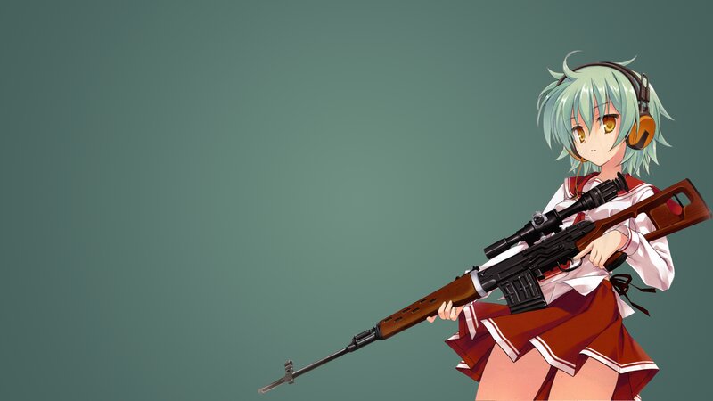 Anime Girl with Rifle — Green, Serious
