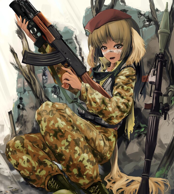 Anime Girl with Rifle — Green, Tense, Digital Art, Camouflage