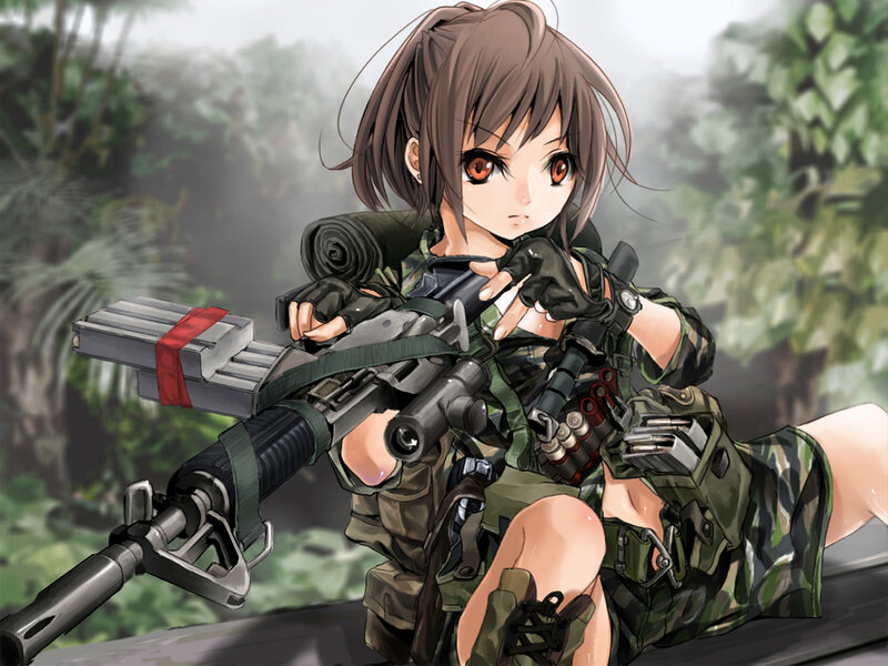 Anime Girl with Rifle — Green, Tense