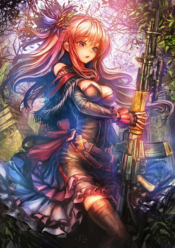 Anime girl with rifle in forest