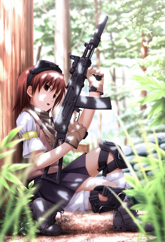 anime girl with rifle in forest