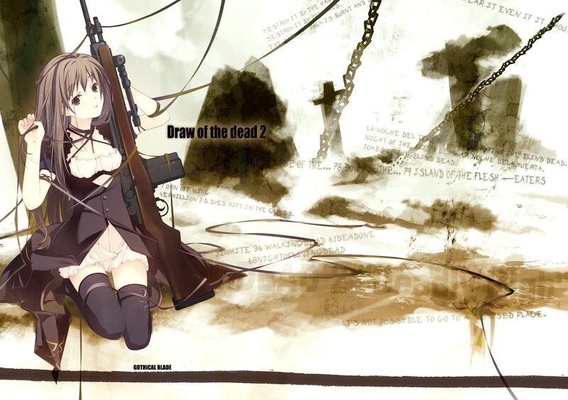Anime girl with rifle in graveyard