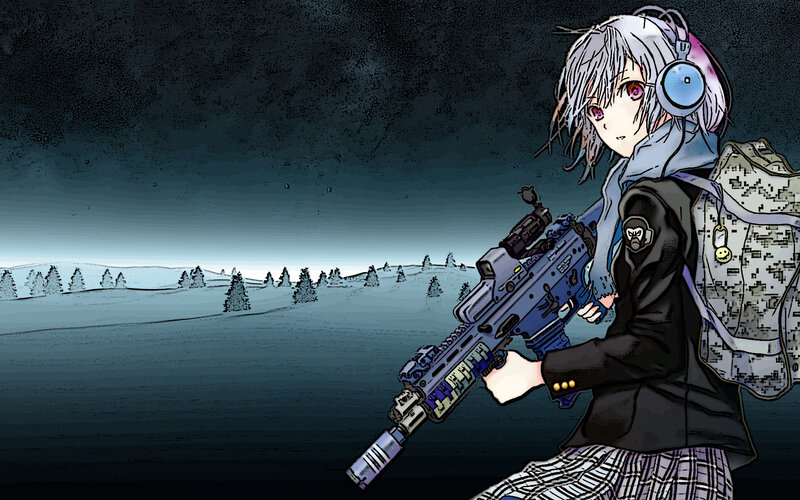 anime girl with rifle in winter