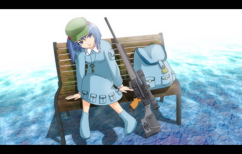 anime girl with rifle on bench