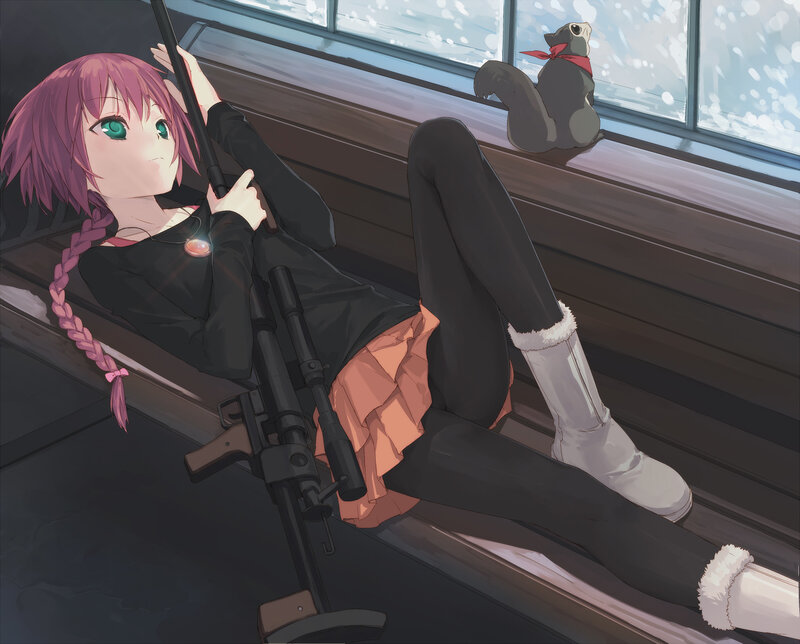 Anime girl with rifle on bench