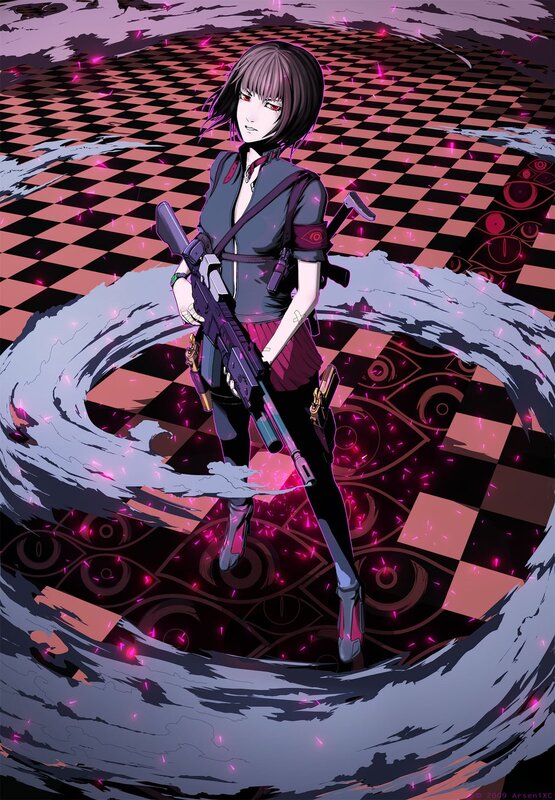 Anime girl with rifle on checkered floor