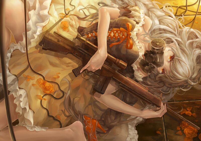 Anime Girl with Rifle — Orange, Dramatic, Digital Art, Gas Mask