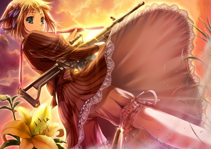 Anime Girl with Rifle — Orange, Dramatic, Sunset, Digital Art