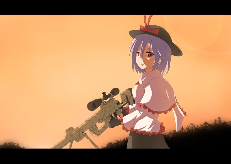 Anime Girl with Rifle — Orange, Dramatic, Sunset, Hat