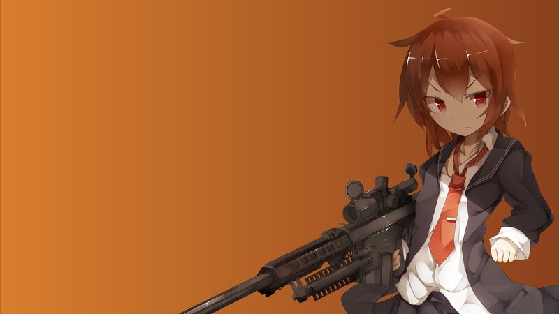 Anime Girl with Rifle — Orange, Serious, School Uniform, Red Eyes