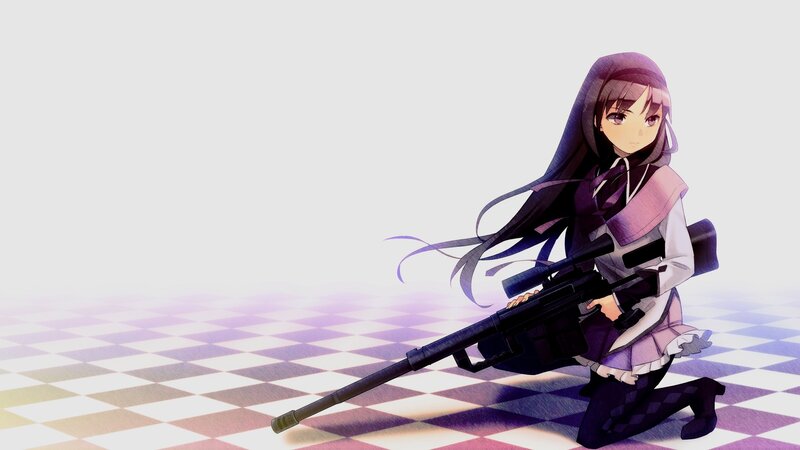 Anime Girl with Rifle — Purple, Dramatic, Checkered Floor, Hooded Cloak
