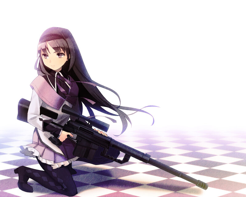 Anime Girl with Rifle — Purple, Dramatic, Checkered Floor