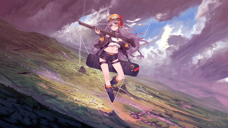 Anime Girl with Rifle — Purple, Dramatic, Digital Art, Helmet