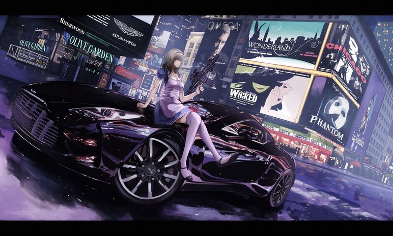 Anime Girl with Rifle — Purple, Dramatic, Night, Digital Art, Car