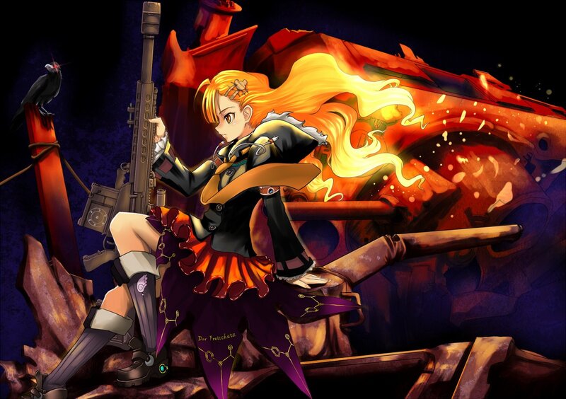 Anime Girl with Rifle — Purple, Dramatic, Night, Digital Art, Crow