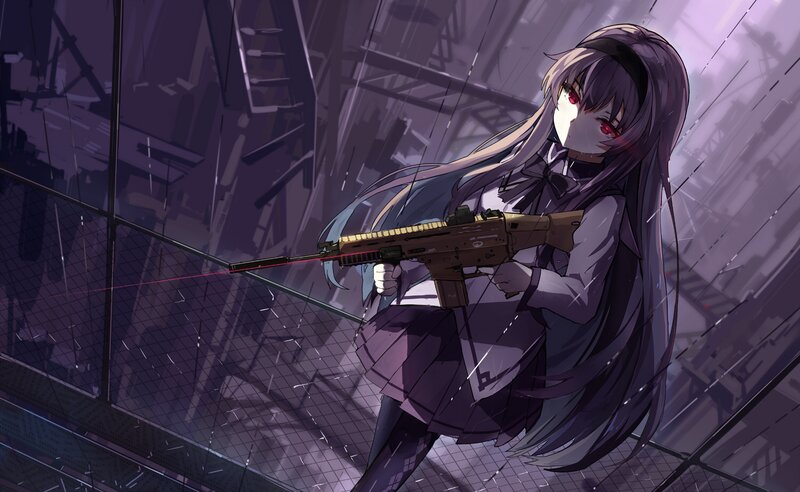 Anime Girl with Rifle — Purple, Dramatic, Night, Digital Art, Laser Sight