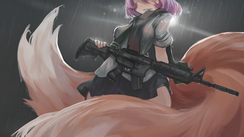 Anime Girl with Rifle — Purple, Dramatic, Night, Digital Art, Rain