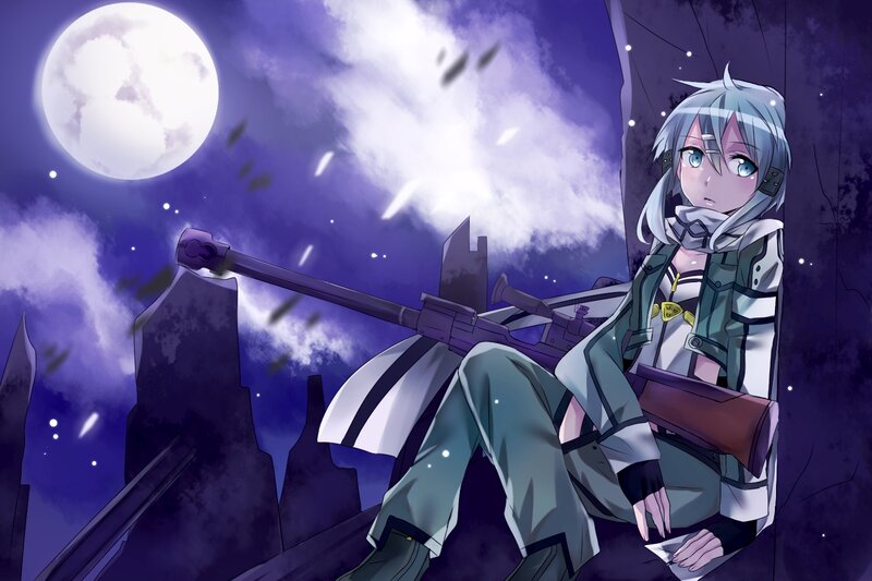 Anime Girl with Rifle — Purple, Dramatic, Night, Moon